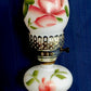 Vintage Milk Glass Hurricane Electric Lamp Footed Base Painted Red Rose Flowers Chimney Shade Bedroom End Table Lamp Country Décor