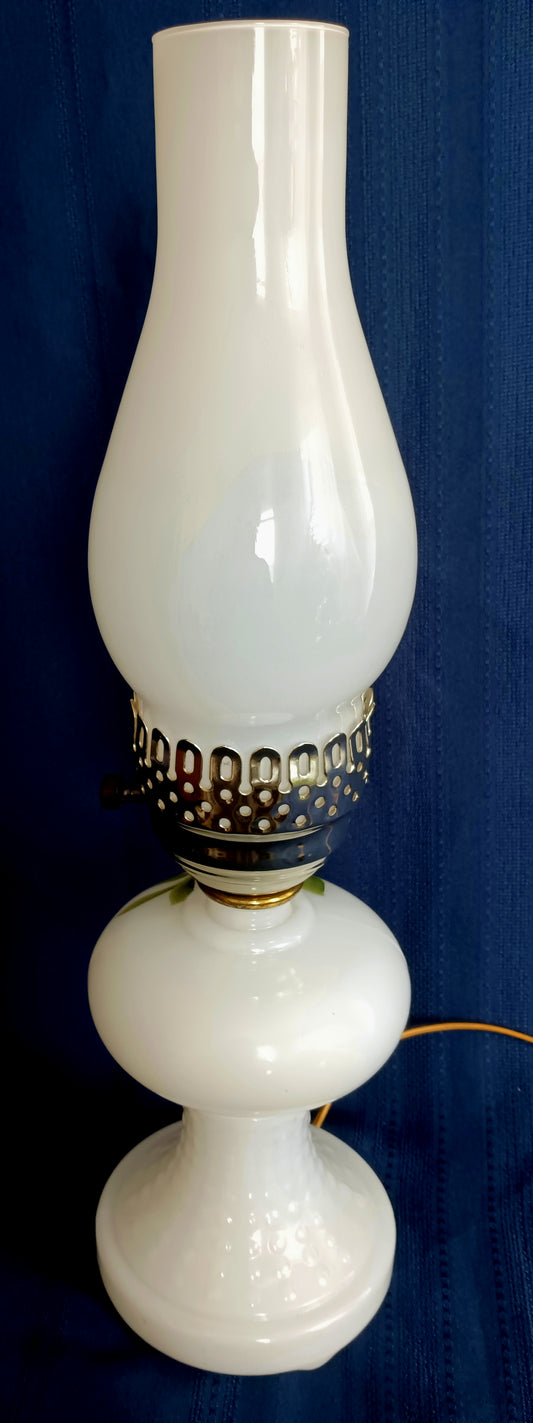 Vintage Milk Glass Hurricane Electric Lamp Footed Base Painted Red Rose Flowers Chimney Shade Bedroom End Table Lamp Country Décor