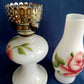 Vintage Milk Glass Hurricane Electric Lamp Footed Base Painted Red Rose Flowers Chimney Shade Bedroom End Table Lamp Country Décor
