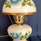 Vintage GWTW Style Milk Glass Table Lamp Painted Blue Flower Brass Base Shade w/Scalloped Edge Dresser Desk Parlor Vanity Lamp