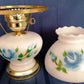 Vintage GWTW Style Milk Glass Table Lamp Painted Blue Flower Brass Base Shade w/Scalloped Edge Dresser Desk Parlor Vanity Lamp