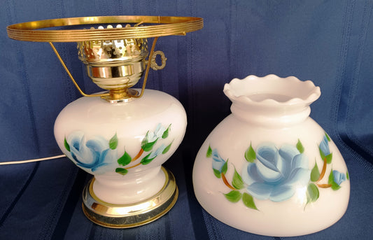Vintage GWTW Style Milk Glass Table Lamp Painted Blue Flower Brass Base Shade w/Scalloped Edge Dresser Desk Parlor Vanity Lamp