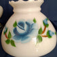 Vintage GWTW Style Milk Glass Table Lamp Painted Blue Flower Brass Base Shade w/Scalloped Edge Dresser Desk Parlor Vanity Lamp