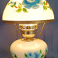 Vintage GWTW Style Milk Glass Table Lamp Painted Blue Flower Brass Base Shade w/Scalloped Edge Dresser Desk Parlor Vanity Lamp