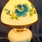 Vintage GWTW Style Milk Glass Table Lamp Painted Blue Flower Brass Base Shade w/Scalloped Edge Dresser Desk Parlor Vanity Lamp