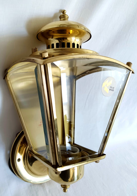 Vintage Outdoor/Indoor One Light Wall Mount Electric Fixture Sconce Lantern Style Polished Solid Brass Beveled Glass Porch Patio Lamp Light