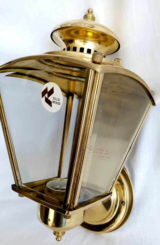 Vintage Outdoor/Indoor One Light Wall Mount Electric Fixture Sconce Lantern Style Polished Solid Brass Beveled Glass Porch Patio Lamp Light